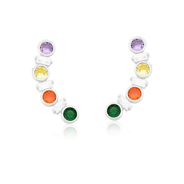 BRINCO EAR CUFF COM CRAVAÇÃO COLORIDA REDONDA BANHADO A RÓDIO