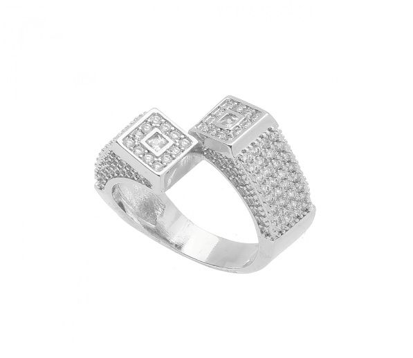 ANEL DOIS QUADRADOS CRAVEJADOS BANHADO A RÓDIO BRANCO