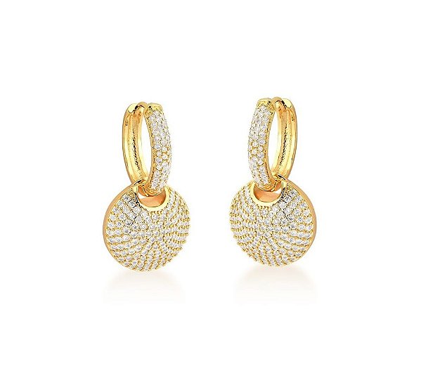 ARGOLA COM PINGENTE REDONDO CRAVEJADO BANHADA A OURO.