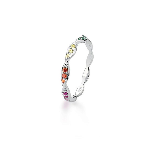 ANEL TRANÇADO COM CRAVAÇÃO COLORIDA BANHADO A RÓDIO BRANCO