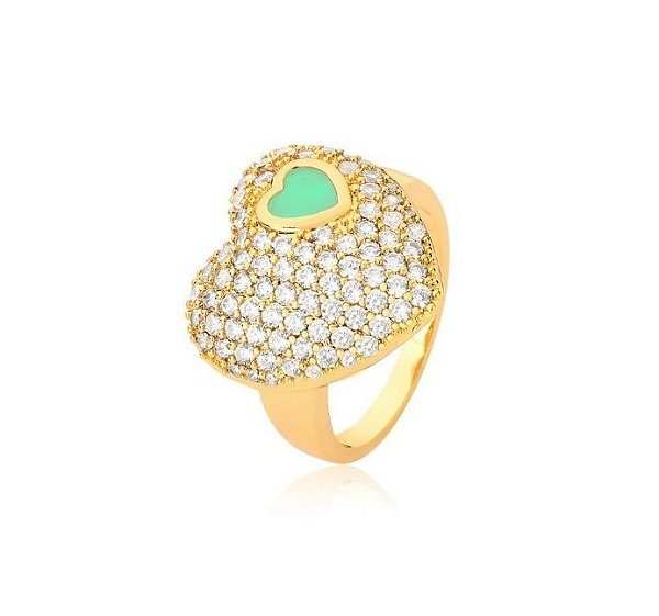 ANEL CORAÇÃO CRAVEJADO COM PEDRA GREENERY BANHADO A OURO