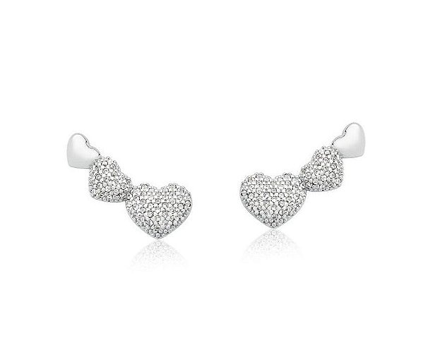 BRINCO EAR CUFF CORAÇÕES CRAVEJADOS BANHADO A RÓDIO