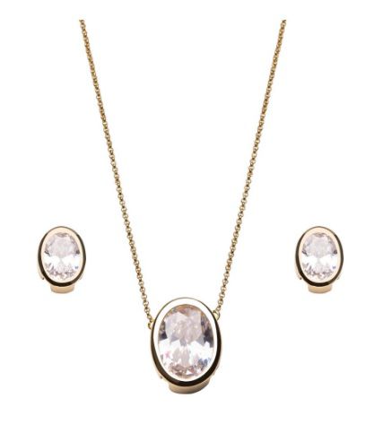 CONJUNTO OVAL SOLITÁRIO CRISTAL BANHADO A OURO