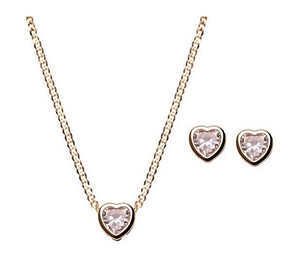 CONJUNTO CORAÇÃO CRISTAL COM CORRENTE GROUMET BANHADO A OURO