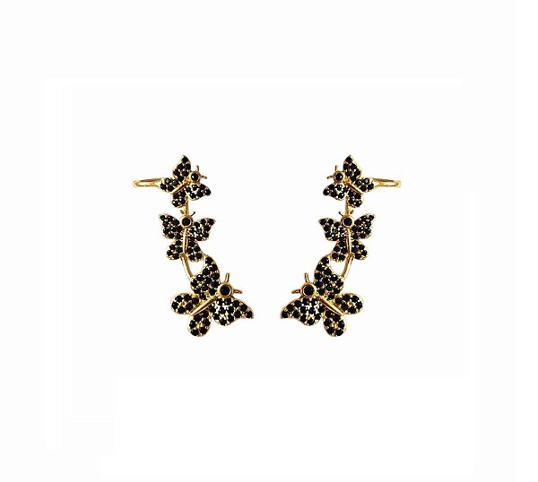 BRINCO EAR CUFF BORBOLETAS COM CRAVAÇÃO NEGRA BANHADO A OURO