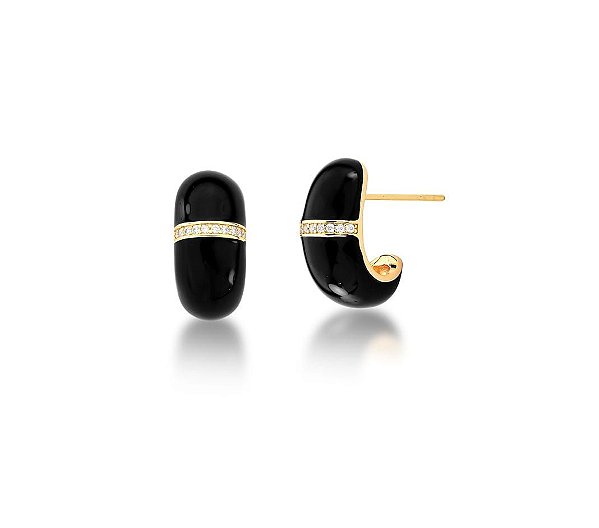 MEIA ARGOLA COM ESMALTAÇÃO NEGRA E CRAVAÇÃO CENTRAL