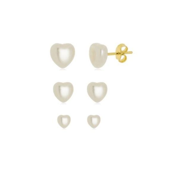 TRIO DE BRINCOS CORAÇÃO PÉROLA BANHADO A OURO