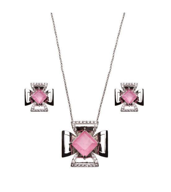 CONJUNTO FLOR CRAVEJADA COM PEDRA TURMALINA ROSA FUSION BANHADO A RÓDIO