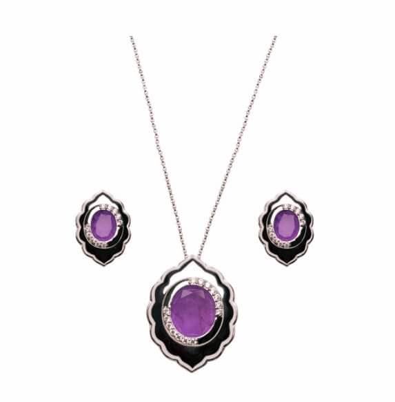 CONJUNTO CAMAFEU PEDRA FUCSIA FUSION BANHADO A RÓDIO