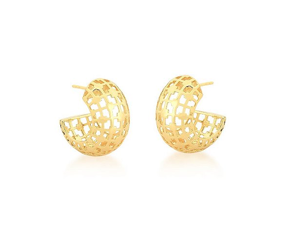 MEIA ARGOLA TRABALHADA VAZADA BANHADA A OURO