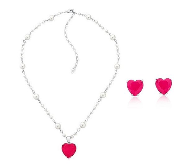 CONJUNTO CORAÇÃO SAFIRA ROSA FUSION COM PÉROLAS BANHADO A RÓDIO BRANCO