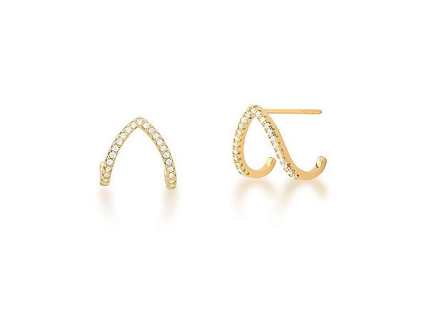 BRINCO CURVO VAZADO CRAVEJADO COM ZIRCÔNIAS BANHADA A OURO