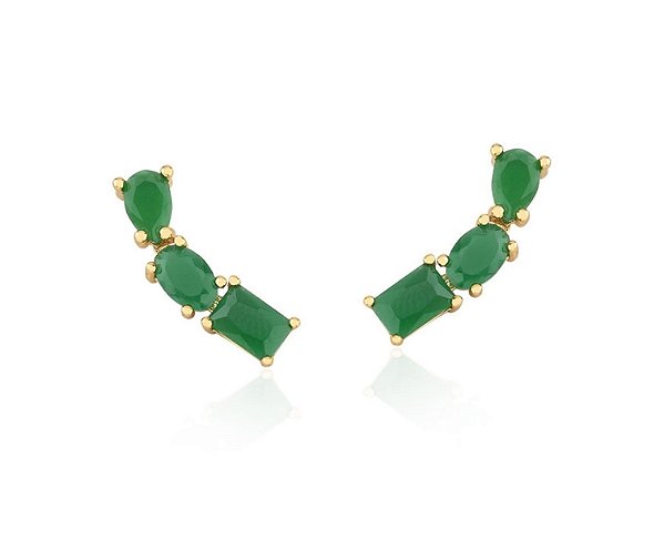 BRINCO EAR CUFF COM CRISTAIS COR ESMERALDA BANHADO A OURO