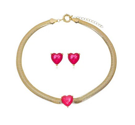 CONJUNTO CORAÇÃO TURMALINA ROSA MALHA LAMINADA BANHADO A OURO