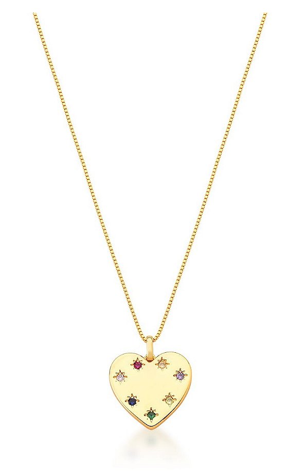 COLAR CORAÇÃO COM PONTOS DE LUZ COLORIDOS BANHADO A OURO