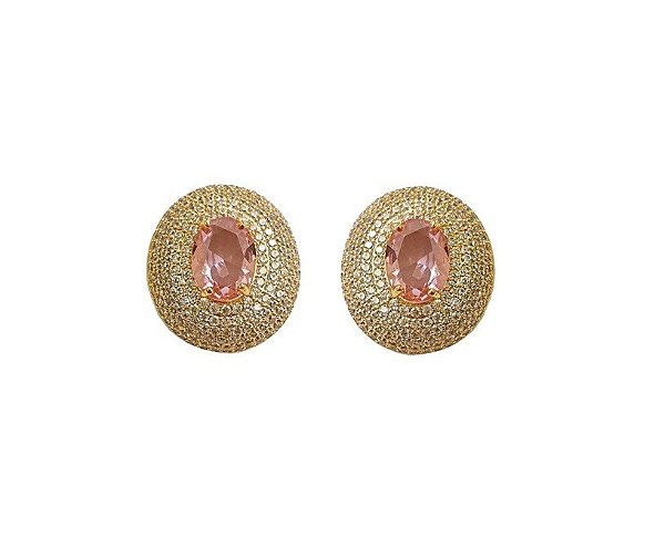 BRINCO OVAL LUXO COM PEDRA CENTRAL ROSA BANHADO A OURO
