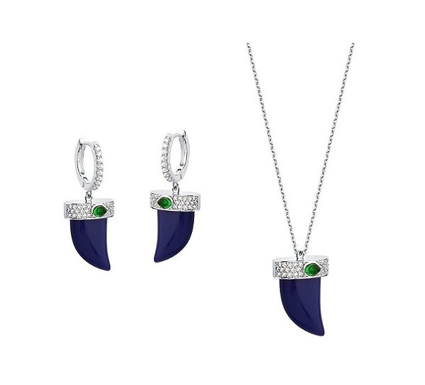 CONJUNTO DENTE DE SABRE AZUL CRAVEJADO BANHADO A RÓDIO BRANCO