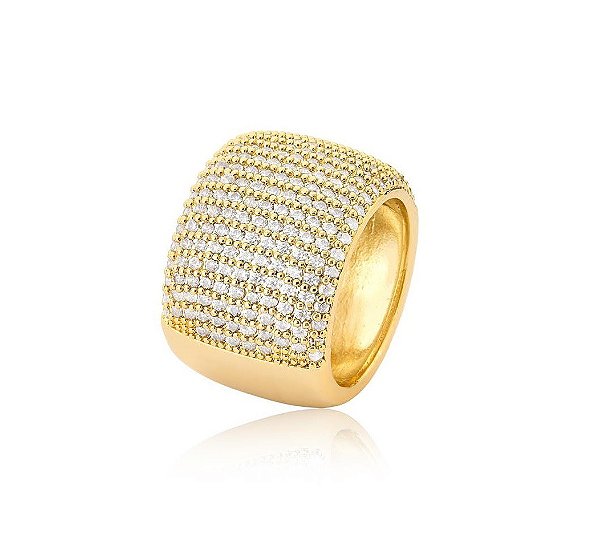 ANEL LARGO COM CRAVAÇÃO FRONTAL DE MICROZIRCÔNIAS BANHADO A OURO