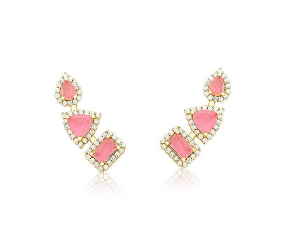 BRINCO EAR CUFF PEDRAS GEOMÉTRICAS LIGHT PINK FUSION BANHADO A OURO