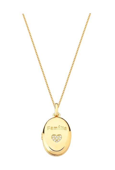 COLAR RELICÁRIO FAMÍLIA COM CORAÇÃO CRAVEJADA BANHADO A OURO