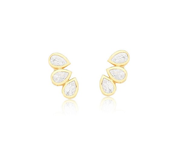 BRINCO EAR CUFF TRÊS GOTAS CRISTAIS BANHADO A OURO
