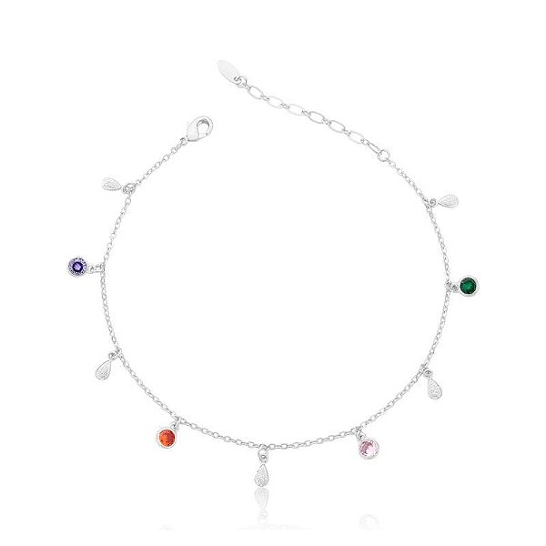 TORNOZELEIRA COM PONTOS DE LUZ COLORIDAS E GOTAS LISAS BANHADA A RÓDIO