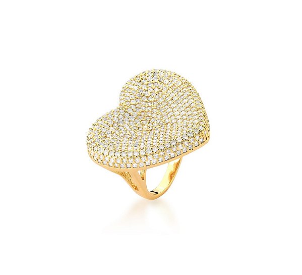 ANEL MAXI CORAÇÃO CRAVEJADO BANHADO A OURO