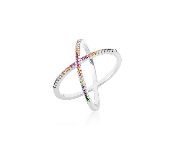 ANEL EM X COM CRAVAÇÃO COLORIDA BANHADO A RÓDIO BRANCO