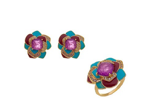 CONJUNTO FLOR ESMALTADA COLORIDA CRAVEJADO BANHADO A OURO