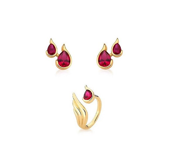 CONJUNTO DE BRINCO E ANEL COM PEDRA RUBI BANHADO A OURO