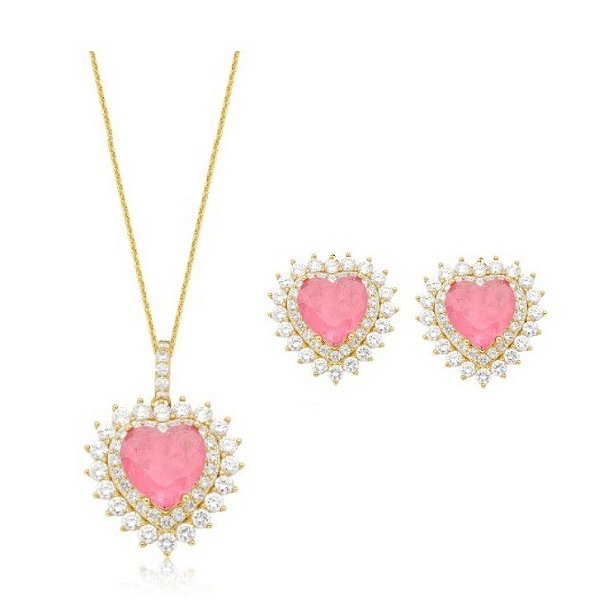 CONJUNTO CORAÇÃO LIGHT PINK FUSION COM CRAVAÇÃO LATERAL DUPLA BANHADO A OURO