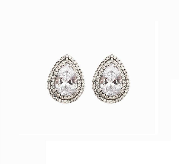 BRINCO GOTA LUXO ZIRCÔNIAS CRISTAIS BANHADO A RÓDIO BRANCO