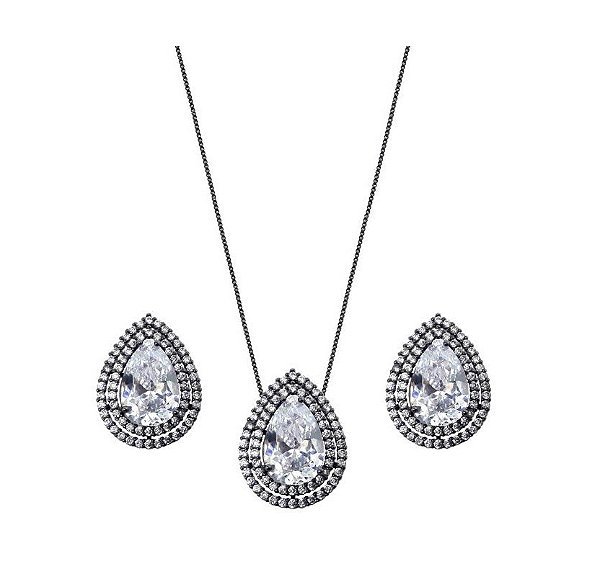 CONJUNTO GOTA LUXO ZIRCÔNIAS CRISTAIS BANHADO A RÓDIO NEGRO