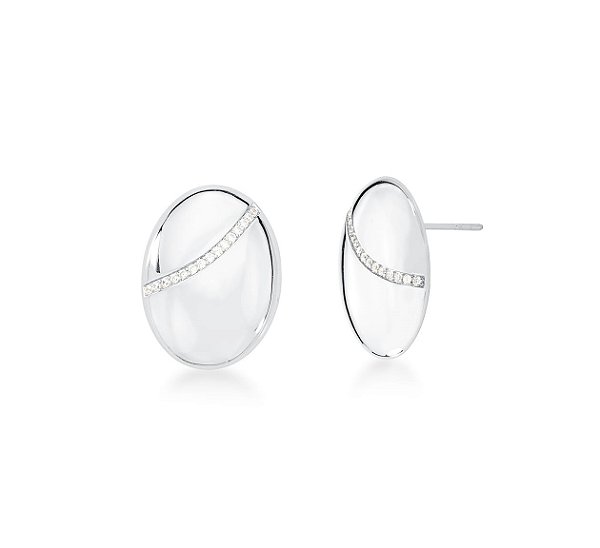 BRINCO OVAL LISO COM UMA FILEIRA DE ZIRCÔNIAS BANHADO A RÓDIO BRANCO