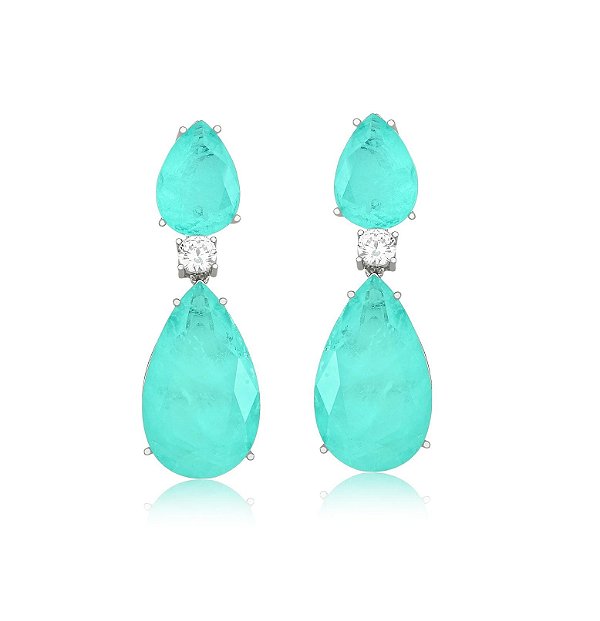 BRINCO GOTAS TURMALINA FUSION COM PONTO DE LUZ BANHADO A RÓDIO BRANCO