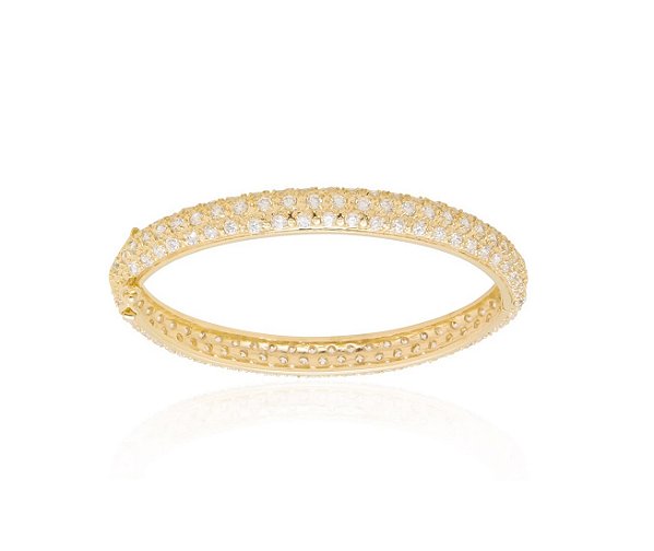BRACELETE COM TRÊS FILEIRAS DE ZIRCÔNIAS CRISTAIS BANHADO A OURO