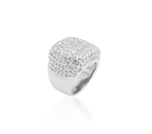 ANEL LARGO QUADRADO CRAVEJADO BANHADO A RÓDIO BRANCO