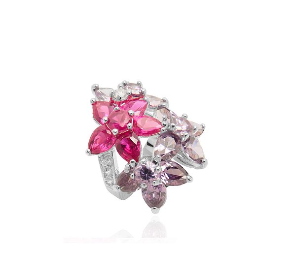 ANEL FLORES COM CRAVAÇÃO COLORIDA BANHADO A RÓDIO BRANCO