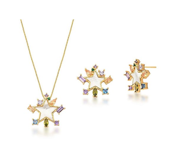 CONJUNTO ESTRELA EM MADREPÉROLA COM CRAVAÇÃO LATERAL COLORIDA BANHADO A OURO