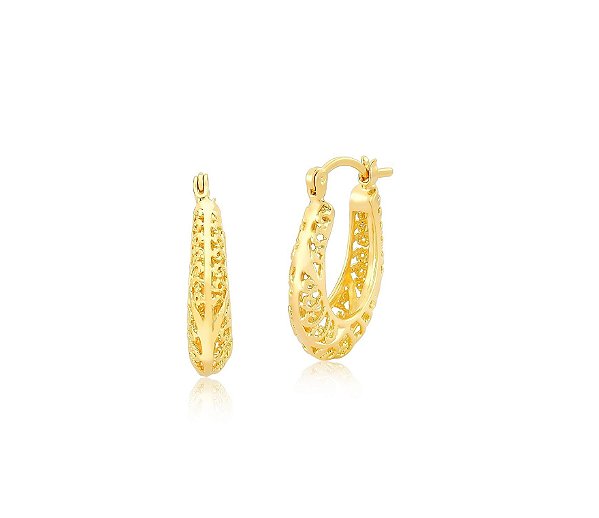 ARGOLA OVALADA COM LATERAIS TRABALHADAS BANHADA A OURO