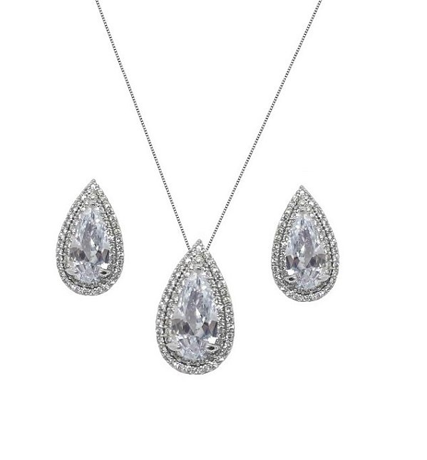 Conjunto Gota Cristal com Cravação Lateral Banhado a Ródio Branco