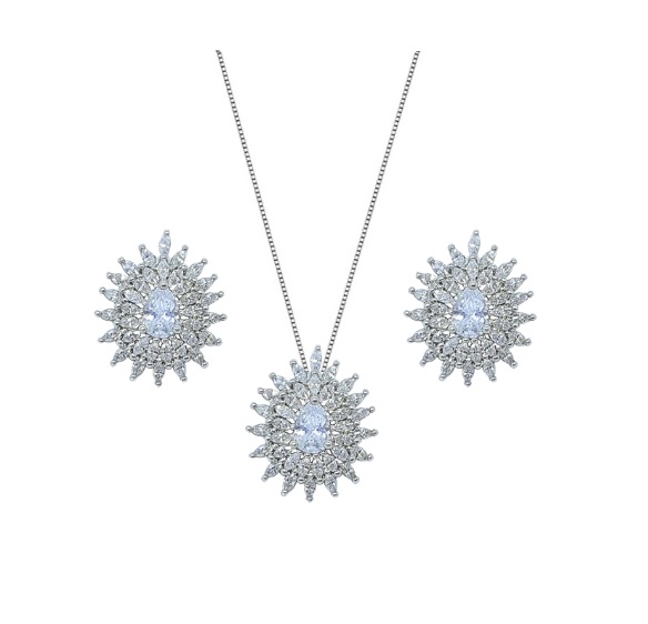 CONJUNTO GOTA LUXO CRISTAL BANHADO EM RÓDIO BRANCO