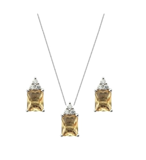 CONJUNTO PEDRA RETANGULAR TOPÁZIO IMPERIAL BANHADO A RÓDIO BRANCO