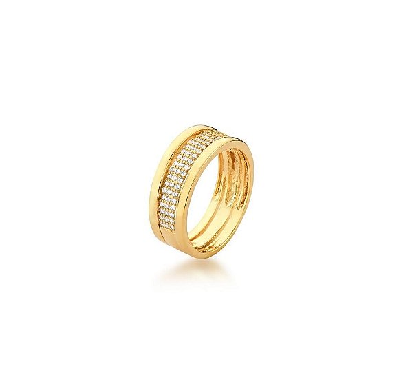 ANEL COM TRÊS FILEIRAS DE ZIRCÔNIAS BRANCAS BANHADO A OURO