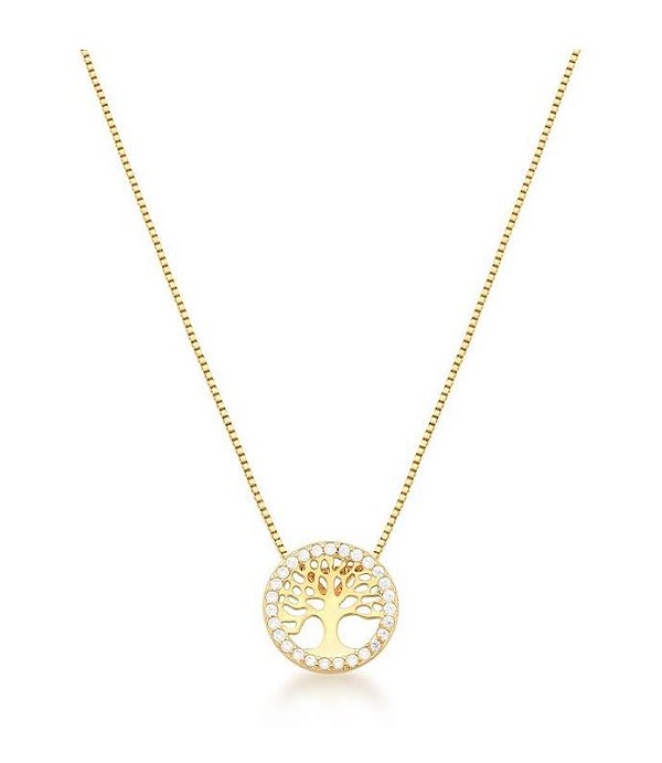 COLAR ÁRVORE DA VIDA COM CRAVAÇÃO CRISTAL BANHADO A OURO