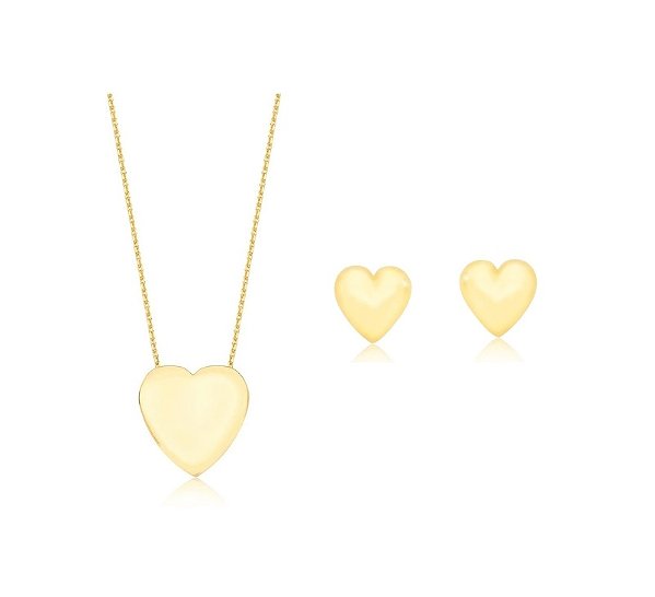 CONJUNTO CORAÇÃO LISO BANHADO A OURO
