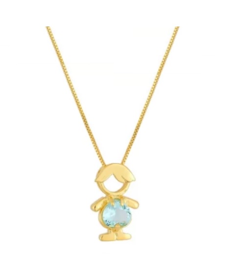 COLAR MENINO COM PEDRA AQUAMARINE BANHADO A OURO