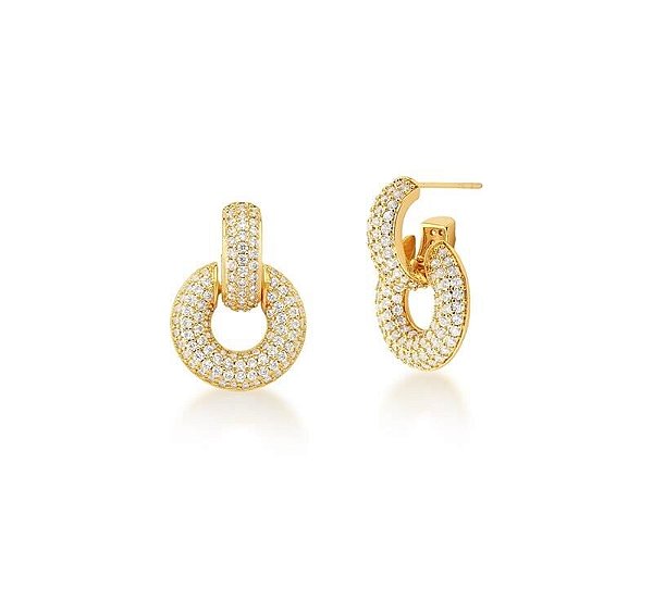 MEIA ARGOLA COM ELO CRAVEJADO BANHADA A OURO