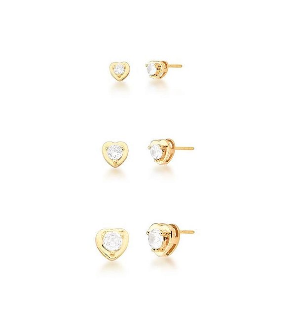 TRIO DE BRINCOS CORAÇÃO COM PEDRA CENTRAL BANHADO A OURO