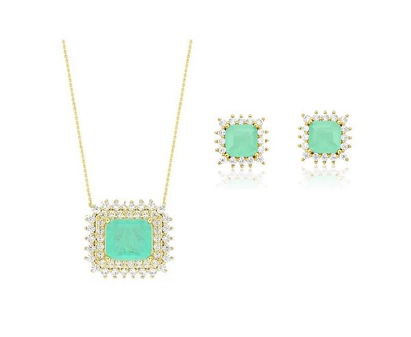 CONJUNTO EM ESMERALDA COLOMBIANA FUSION BANHADO A OURO
